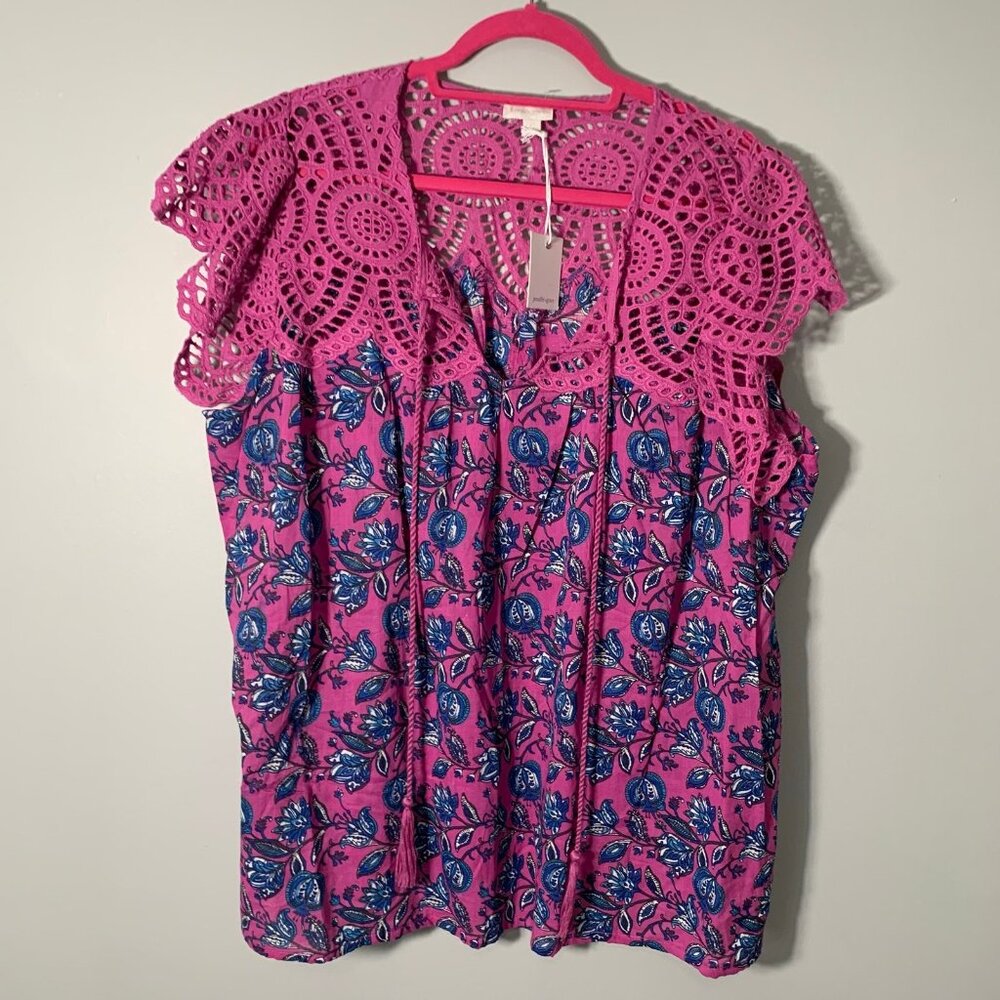 NEW Jennifer Grace‎ Blouse Womens 3X Pink Floral Crochet Lace Boho Tassel Top